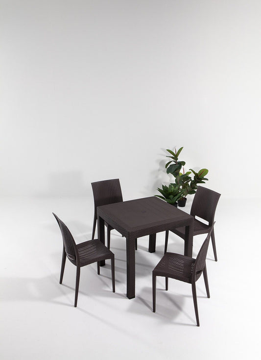 Rattan 80x80 Small Masa Takimi - Brown - Garden Table & Chairs Set (5 Pieces)