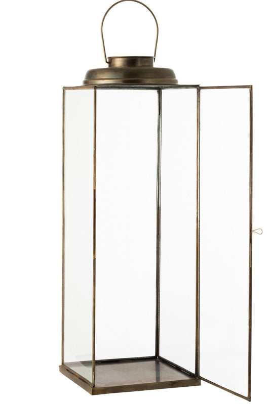 Lanterne kvadrat lav antik glas/jern bronze stor