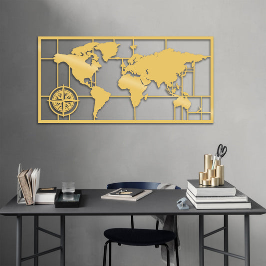 World Map Metal Decor 7 - Gold - Decorative Metal Wall Accessory