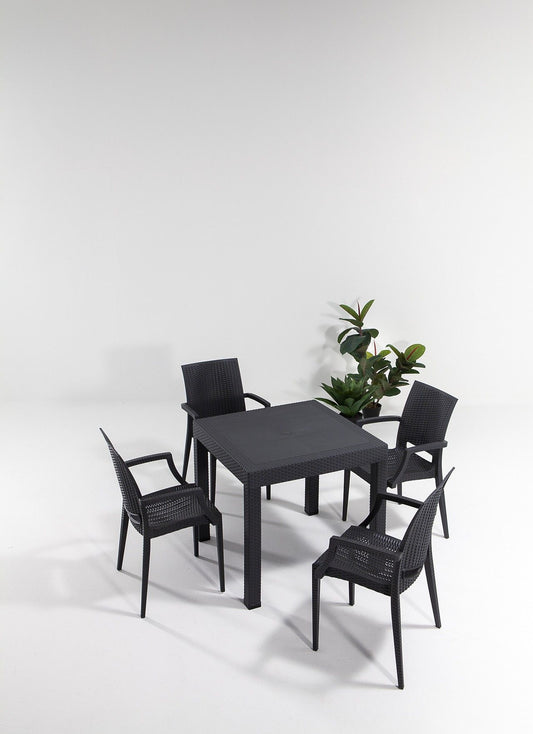 Rattan 80x80 Small Lux Masa Takimi - Anthracite - Garden Table & Chairs Set (5 Pieces)