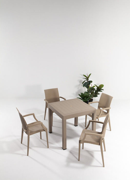 Rattan 80x80 Small Lux Masa Takimi - Cappucino - Garden Table & Chairs Set (5 Pieces)