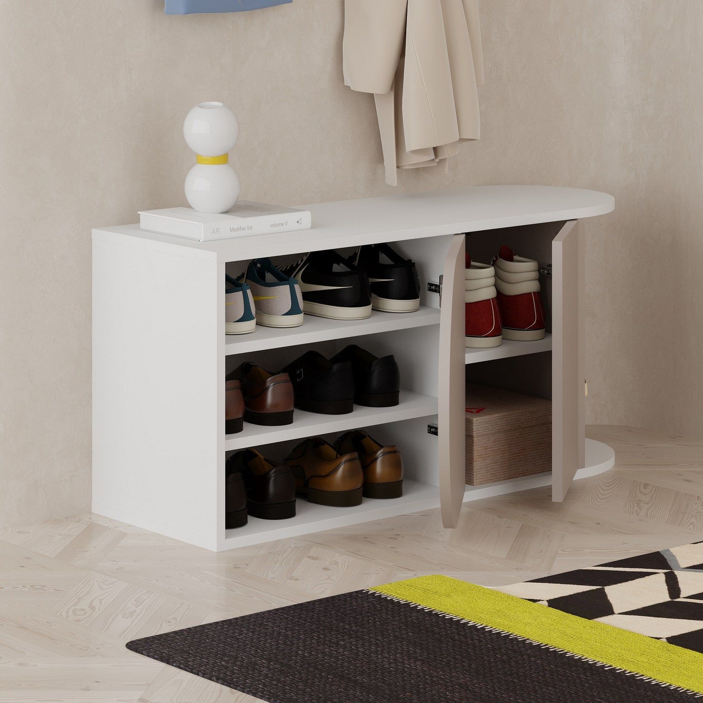 Nova Shoe Bench - White, Light Mocha - Shoe Cabinet