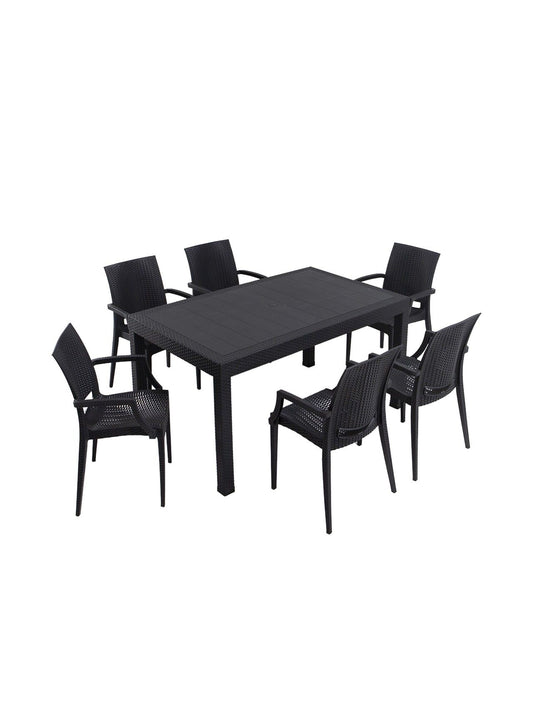 Rattan 90x150 Large Lux Masa Takimi - Anthracite - Garden Table & Chairs Set (7 Pieces)