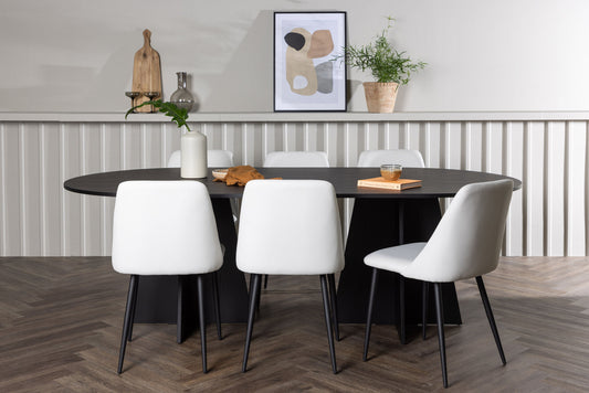 Spisebordssæt - Bootcut Oval Dining Table - Black / Black Fanéer +Night Dining Chair - Black / White PU _6