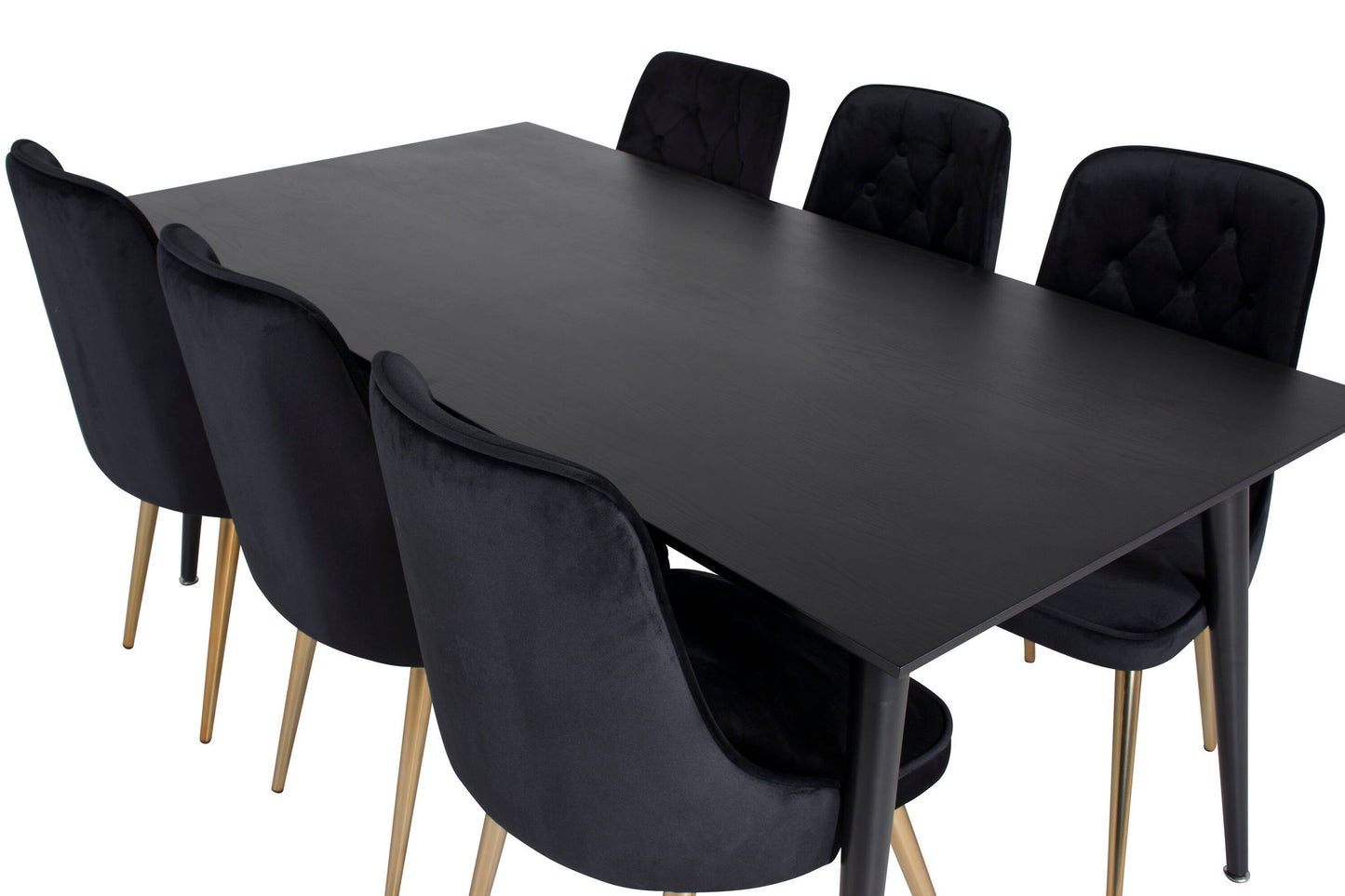 Dipp - Spisebord, 180*90cm - Sort finér / helt sorte ben + velour Deluxe Spisebordsstol - Sort / Messing