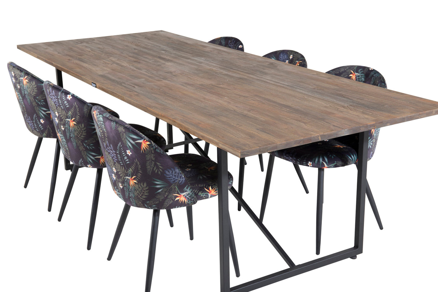 Padang - Spisebord, 250*100*H76 - Mørk Teak / Sort+ velour Spisebordsstol - Sort blomster stof