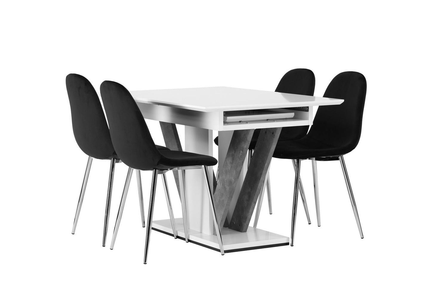 DISA Spisebord 120 /160*80 - Hvid / grå MDF +polær spisestol - sort fløjl / krom _4