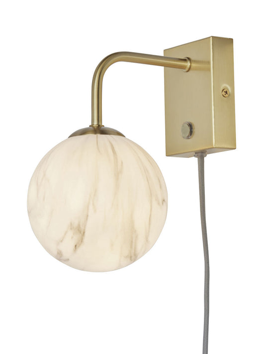 Væglampe glas/jern Carrara globus, hvid marmor print/guld