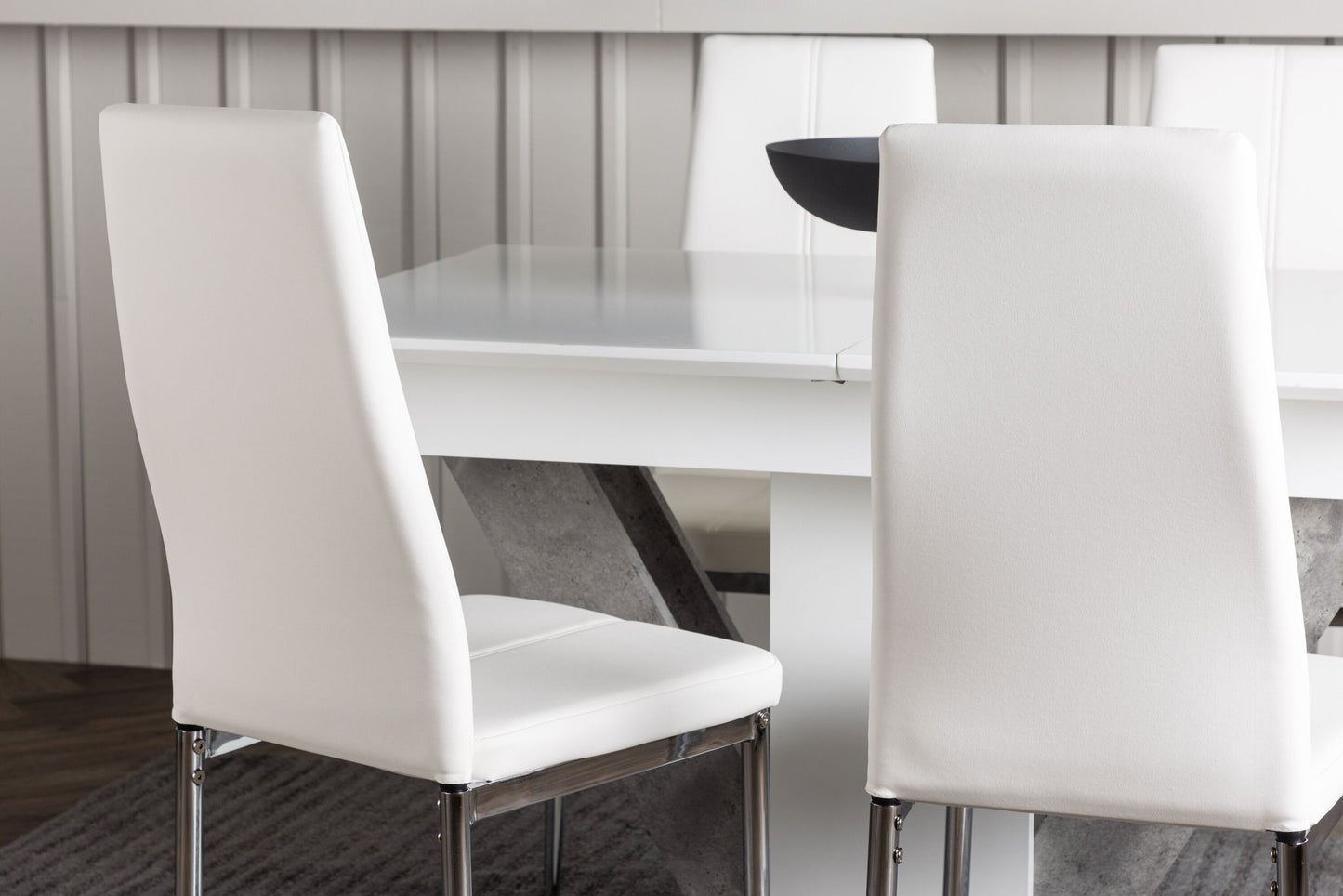 DISA Spisebord 120 /160*80 - Hvid / grå MDF +Pastill spisestol - Sølv / hvid PU _4