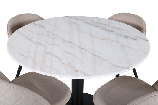Estelle - Rundt spisebord, ø106 H75 - Hvid / Sort+ velour syninger Stol - Sort / Beige Stof (Polyester lined)