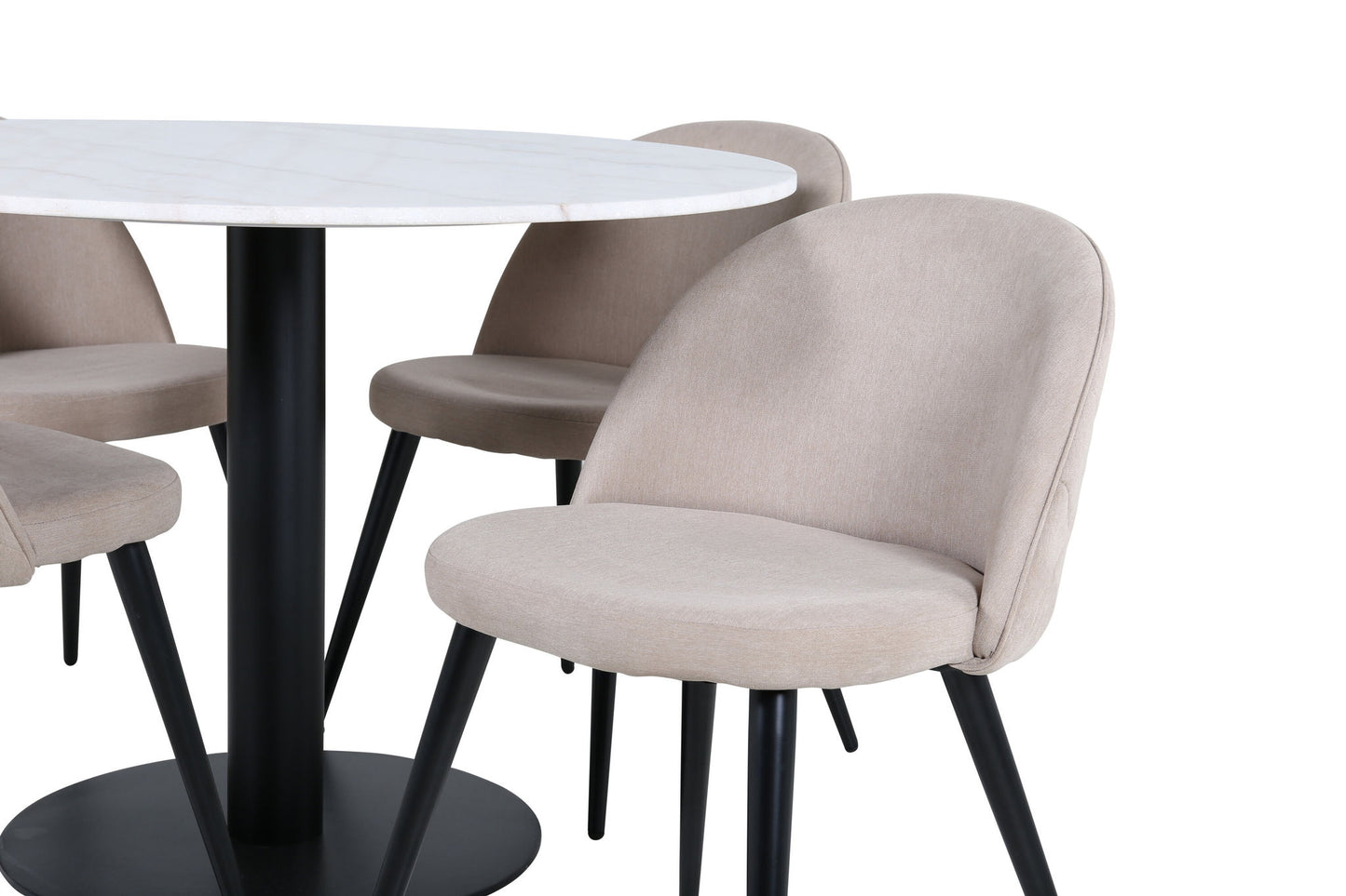 Estelle - Rundt spisebord, ø106 H75 - Hvid / Sort+ velour syninger Stol - Sort / Beige Stof (Polyester lined)