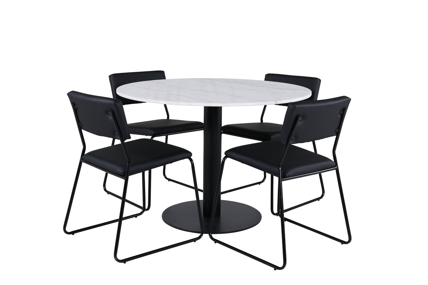 Estelle - Rundt spisebord, ø106 H75 - Hvid / Sort+ Kenth Stol - Sort PU