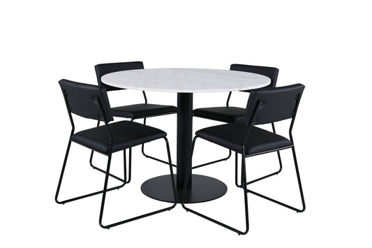Estelle - Rundt spisebord, ø106 H75 - Hvid / Sort+ Kenth Stol - Sort PU
