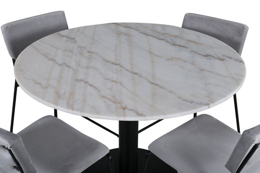 Estelle - Rundt spisebord, ø106 H75 - Hvid / Sort+ Kenth Stol - Sort / Lysegrå velour
