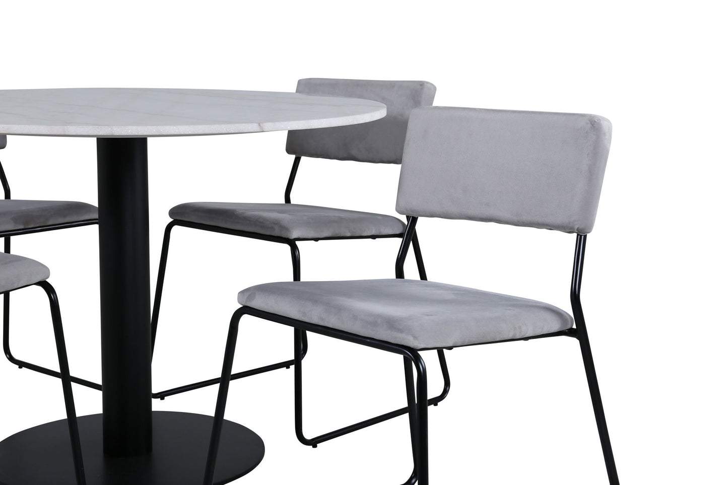 Estelle - Rundt spisebord, ø106 H75 - Hvid / Sort+ Kenth Stol - Sort / Lysegrå velour