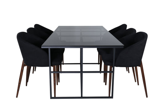 Leif - Spisebord, Sort røget glas+Arch Spisebordsstol , Valnød ben, Sort Stof