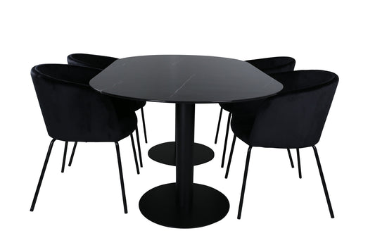 Pillan - Ovalt spisebord, Sort glas Marmor+Berit Stol, Sort velour
