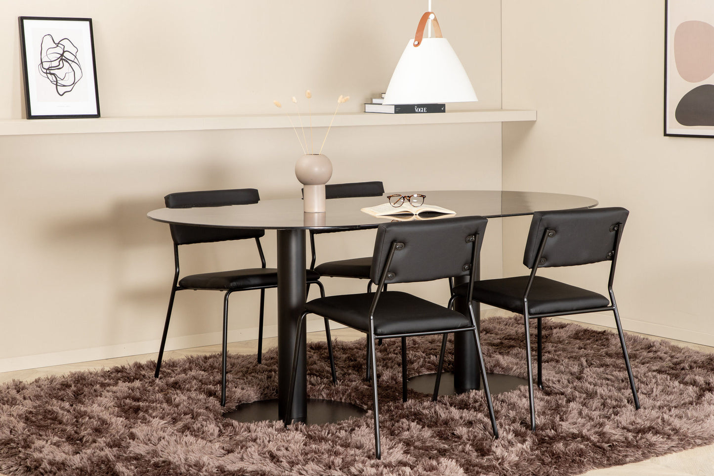 Pillan - Ovalt spisebord, Sort glas Marmor+ Kenth Stol, Sort PU
