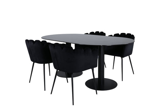 Pillan - Ovalt spisebord, Sort glas Marmor+Limhamn , Stol, Sort velour