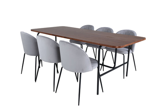 Uno - Spisebord, Sort Valnød finér+Wrikles Spisebordsstol , Sorte ben, Grå velour