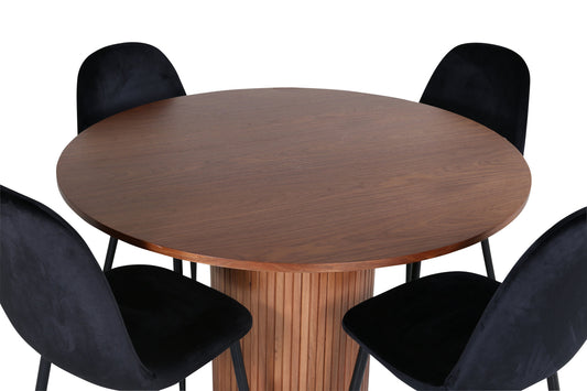 Bianca - Rundt spisebord, Valnød / Sort finér+ Polar Spisebordsstol - Sorte ben / Sort velour (ersätter 19902-888)