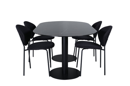 Pillan - Ovalt spisebord, Sort glas Marmor+Vault Spisebordsstol , Sorte ben, Sort Stof