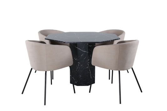 Marbs - Rundt spisebord, Sort glas Marmor+Berit Stol, Sort Beige Stof (Polyester lined)
