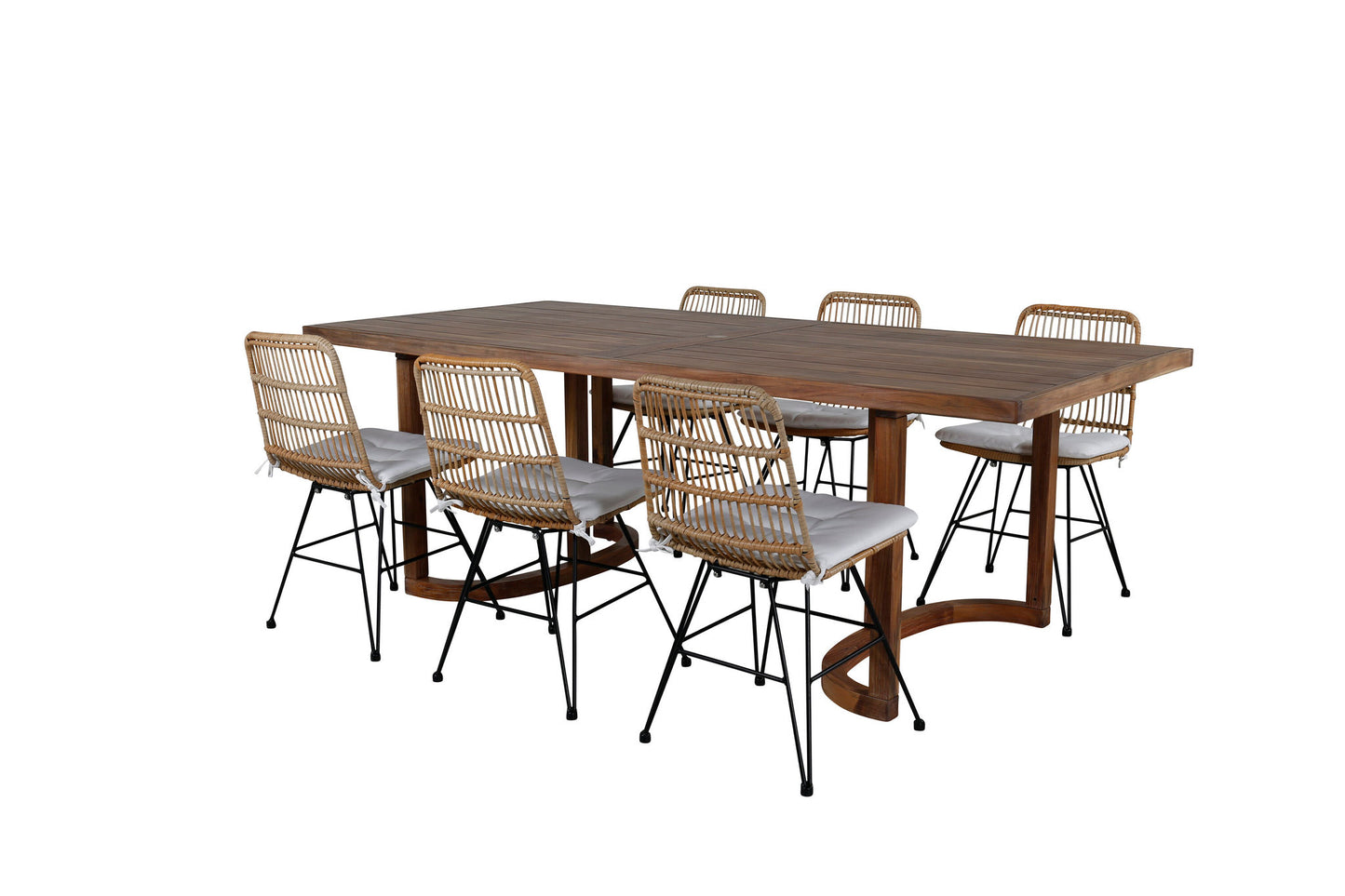 Erica Spisebord akacie stålbørstet 214*100+Viga Spisebordsstol - Sort stål / Lys Natur flet / Hvid hynde
