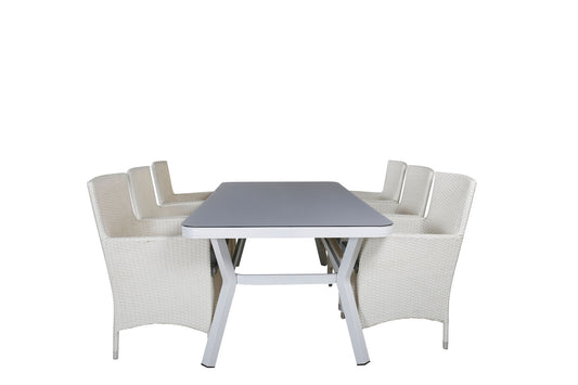 Virya - Spisebord, Hvid Alu / Grå glas - big table+ Mali - Lænestol med dyna - Hvid / grå dyna