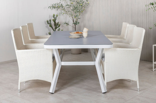Virya - Spisebord, Hvid Alu / Grå glas - big table+ Mali - Lænestol med dyna - Hvid / grå dyna