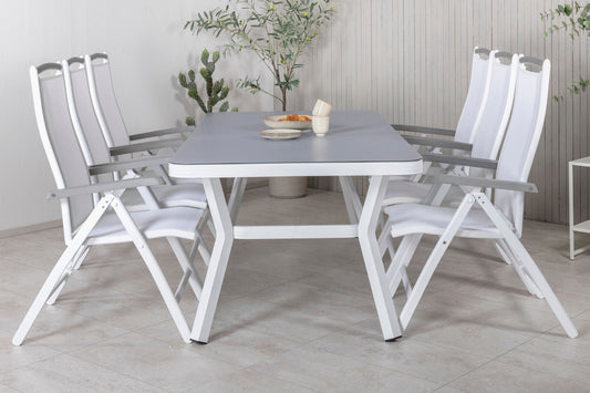 Virya - Spisebord, Hvid Alu / Grå glas - big table+Albany 5:pos Stol - Hvid Aluminium/hvid tekstil/aittræ