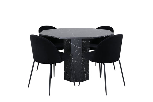 Marbs - Rundt spisebord, Sort glas Marmor+Wrikles Spisebordsstol , Sorte ben, Sort velour