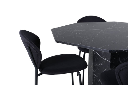 Marbs - Rundt spisebord, Sort glas Marmor+Vault Spisebordsstol , Sorte ben, Sort Stof