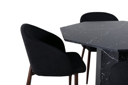 Marbs - Rundt spisebord, Sort glas Marmor+Arch Spisebordsstol , Valnød ben, Sort Stof