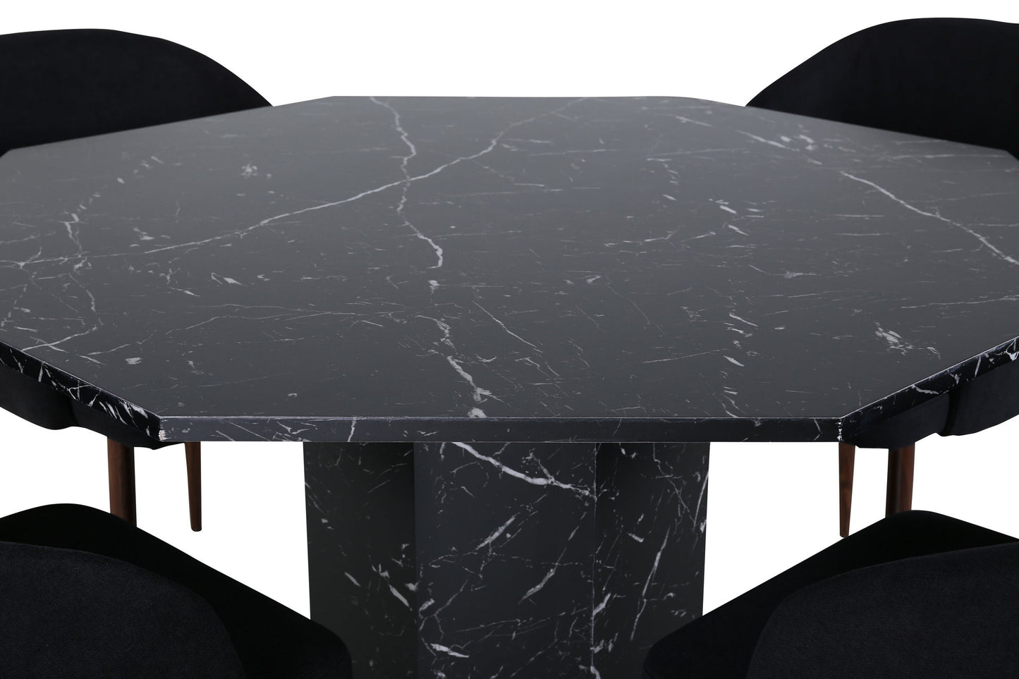 Marbs - Rundt spisebord, Sort glas Marmor+Arch Spisebordsstol , Valnød ben, Sort Stof