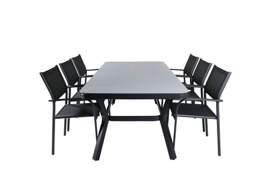 Virya - Spisebord, Sort Alu / Grå glas - big table+ Santorini Stol m. armlæn (Stabelbar) - Sort alu / Sort Tekstil