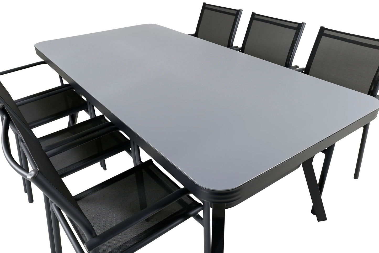 Virya - Spisebord, Sort Alu / Grå glas - big table+ Santorini Stol m. armlæn (Stabelbar) - Sort alu / Sort Tekstil