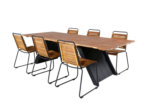 Doory - Spisebord, sort stål / akacie top i teak look - 250*100cm+Bois Spisebordsstol - Sort Alu / akacia
