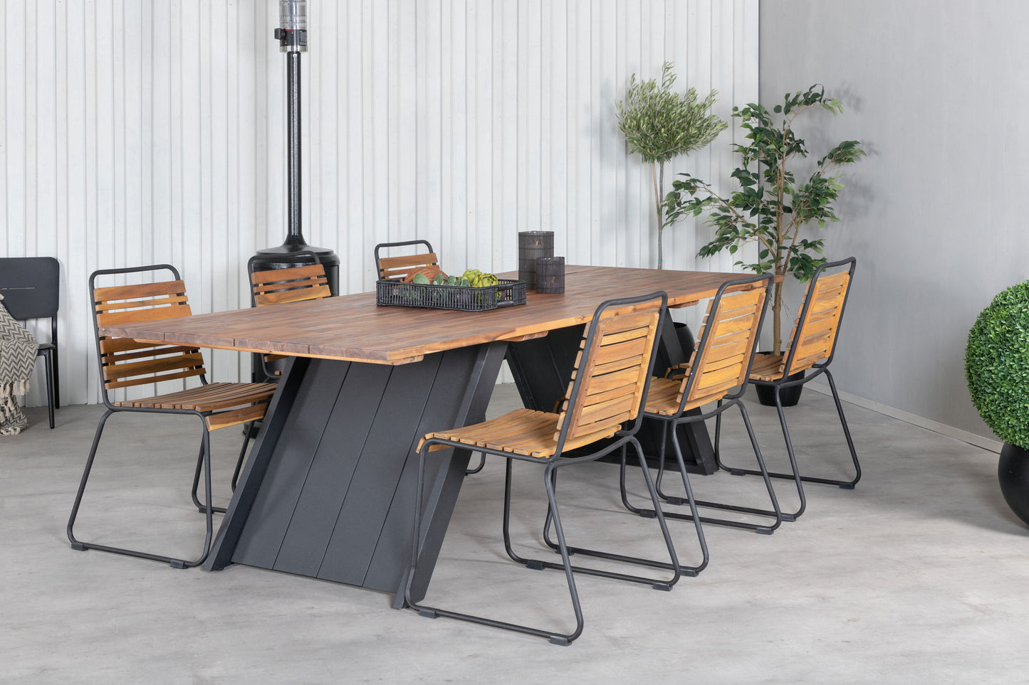 Doory - Spisebord, sort stål / akacie top i teak look - 250*100cm+Bois Spisebordsstol - Sort Alu / akacia