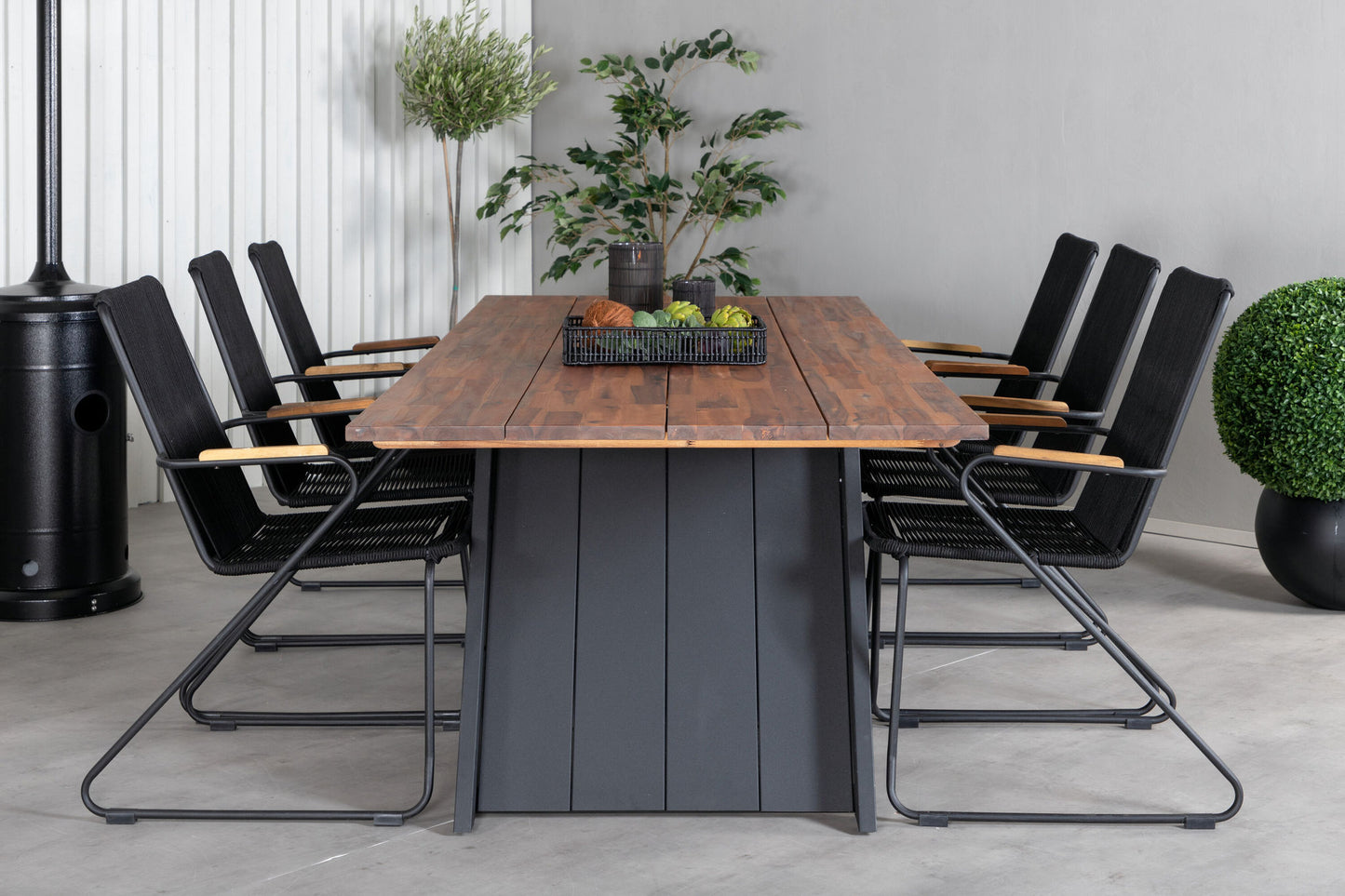 Doory - Spisebord, sort stål / akacie top i teak look - 250*100cm+Bois Stol m. armlæn - Sort Alu / Sort Reb / akacia