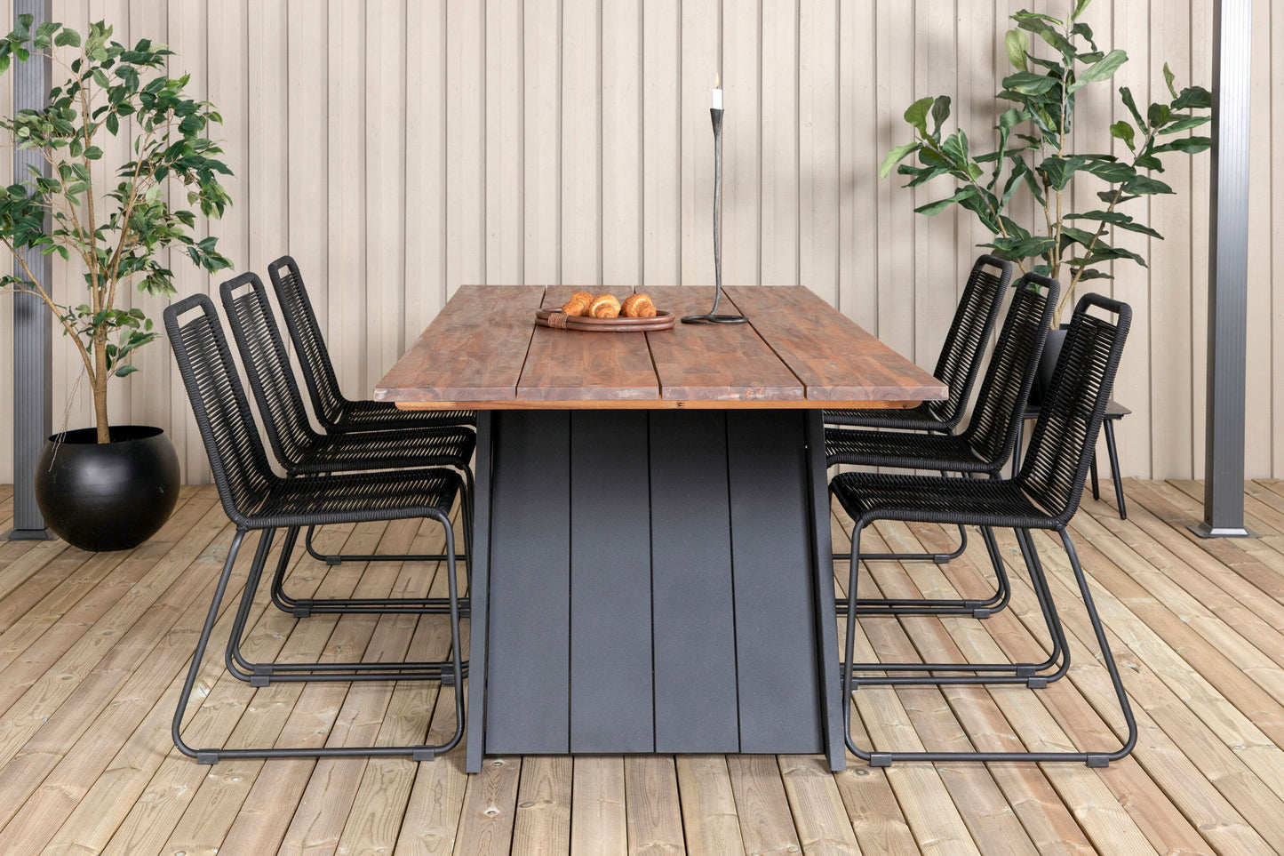 Doory - Spisebord, sort stål / akacie top i teak look - 250*100cm+Lidos Stabelbar stol - Sort Alu / Sort Reb