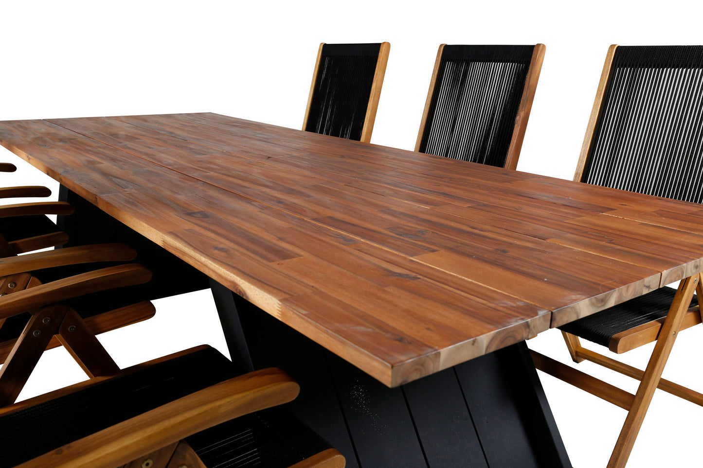 Doory - Spisebord, sort stål / akacie top i teak look - 250*100cm+Little John foldbar Stol - Reb / akacia