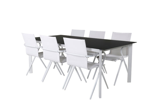 Santorini - Spisebord, 200*100 hvid alu / grå glas+Alia Spisebordsstol - Hvid Alu / Hvid Tekstil