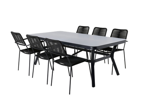 Virya - Spisebord, Sort Alu / Grå glas - big table+Lidos Stol m. armlæn - Sort Alu / Sort Reb