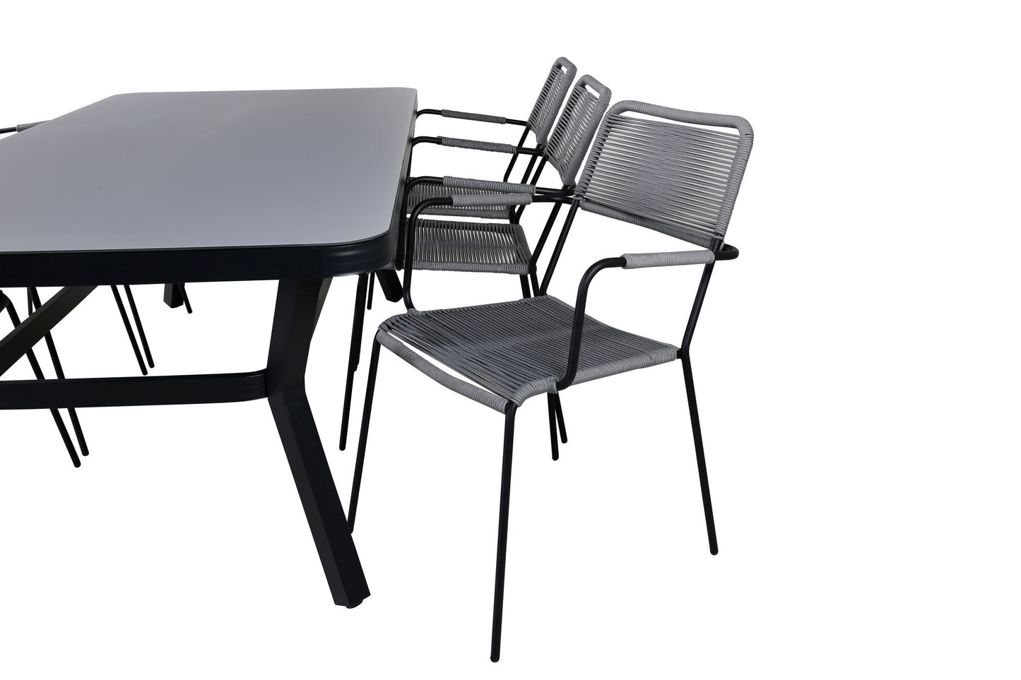 Virya - Spisebord, Sort Alu / Grå glas - big table+Lidos Stol m. armlæn - Sort Alu / Grå Reb