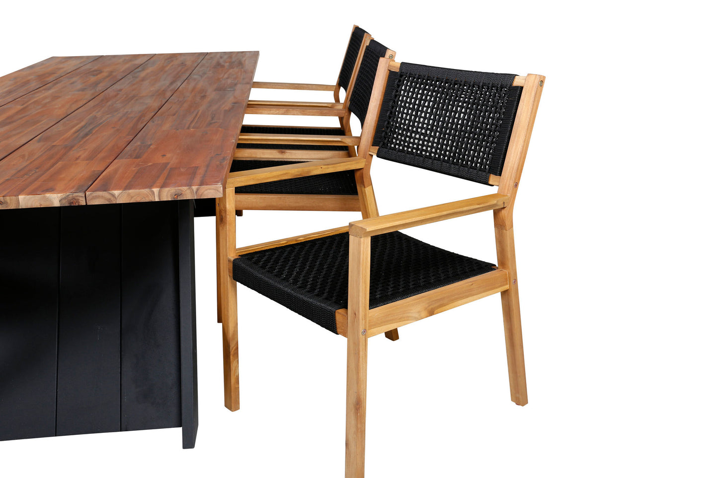 Doory - Spisebord, sort stål / akacie top i teak look - 250*100cm+Little John Spisebordsstol - Sort Reb / akacia