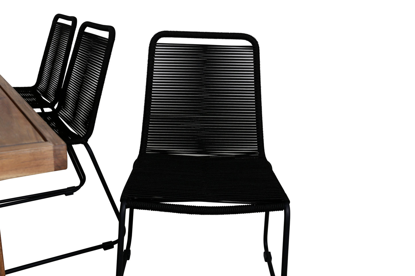 Erica Spisebord akacie stålbørstet 214*100+Lidos Stabelbar stol - Sort Alu / Sort Reb
