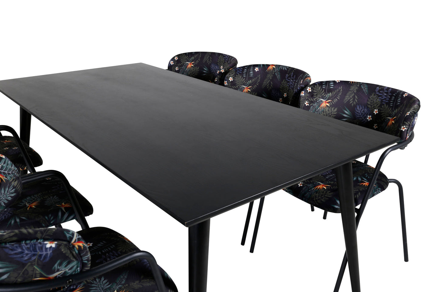 Dipp - Spisebord, 180*90cm - Sort finér / helt sorte ben - Arrow armstol - Sorte ben - Sort blomster print Stof