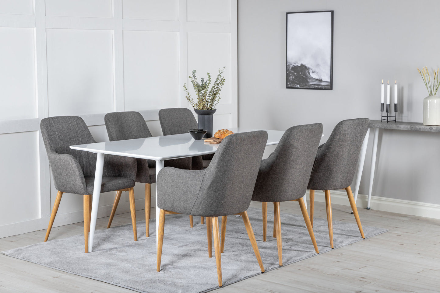Polar Spisebord 180 cm - Hvid top / Hvide ben+Comfort Spisebordsstol - Mørk