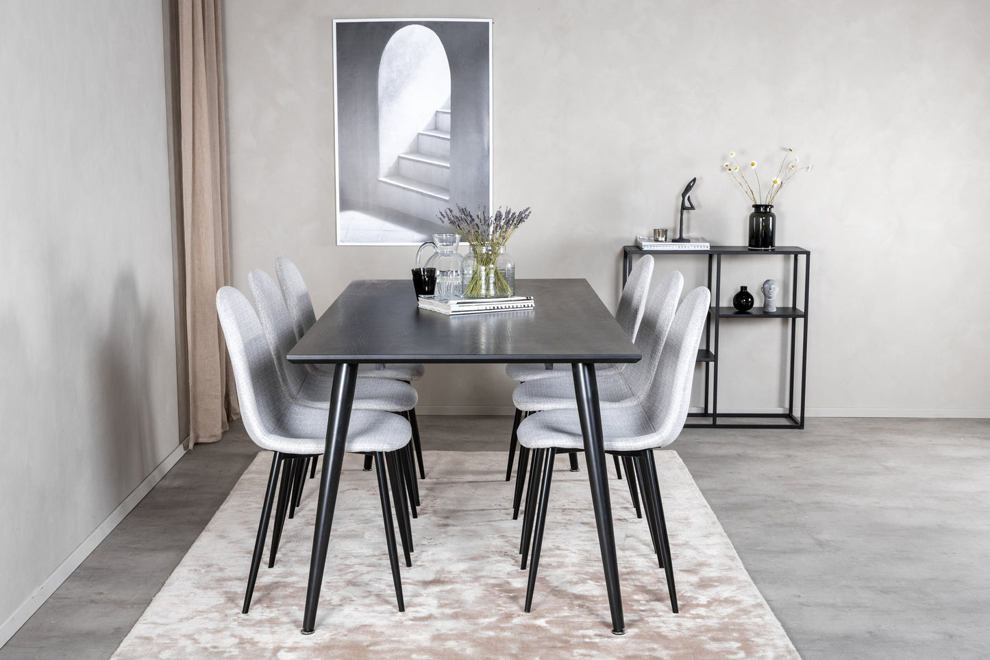 Dipp - Spisebord, 180*90cm - Sort finér / helt sorte ben - Polar Spisebordsstol - Sorte ben - Lysegråt stof